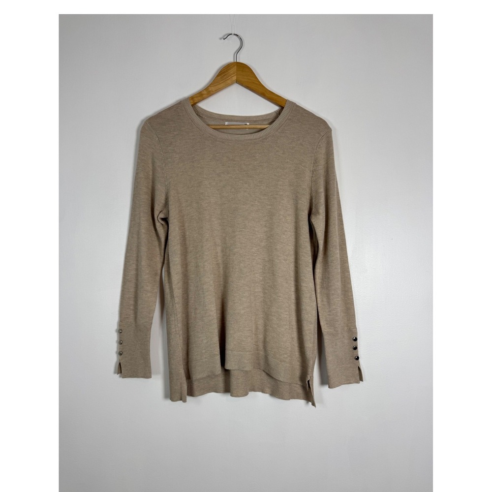 Minimalist Retrology Womens Med Knit Sweater Tan Button Cuff High-Low RN114186